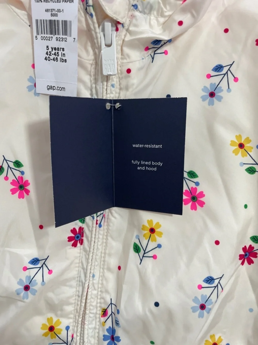 SALE! NWT GAP Cream Floral Hooded Rain Jacket with Multicolor Flowers Size 5T